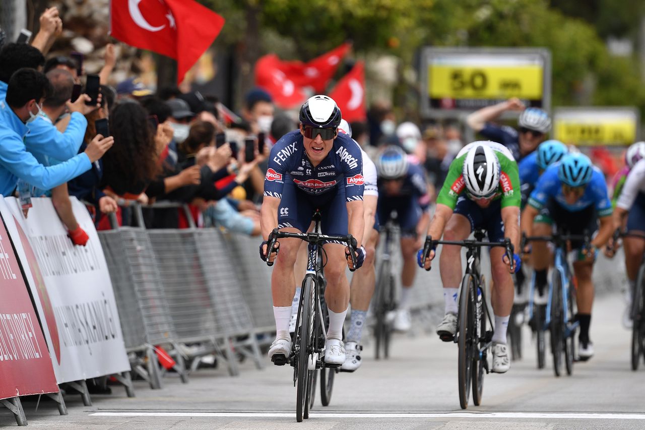 TURGUTREIS TURKEY APRIL 17 Jasper Philipsen of Belgium and Team AlpecinFenix Andre Greipel of Germany and Team Israel StartUp Nation Mark Cavendish of United Kingdom and Team Deceuninck QuickStep Green Points Jersey during the 56th Presidential Cycling Tour Of Turkey 2021 Stage 7 a 180km stage from Marmaris to Turgutreis TUR2021 tourofturkeyTUR on April 17 2021 in Turgutreis Turkey Photo by Stuart FranklinGetty Images