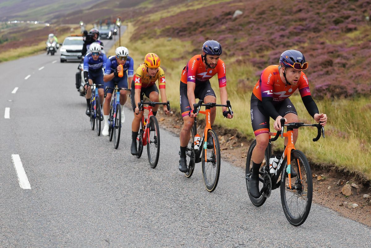 Picture by Alex WhiteheadSWpixcom 04092022 Cycling 2022 AJ Bell Tour of Britain Stage 1 Aberdeen to Glenshee Ski Centre Scotland Matt Gibson and Stephen Bassett of Team Human Powered Health in the breakaway with Idar Andersen of Team Uno X Pro Cycling