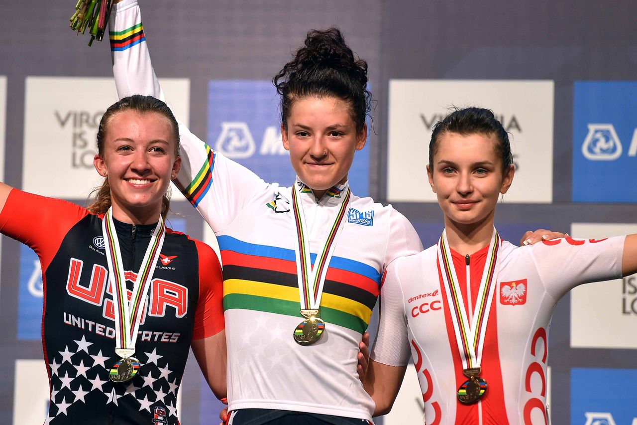 The junior women's road race podium in Richmond: Emma White, Chloe Dygert (USA) and Agnieszka Skalniak (Poland)