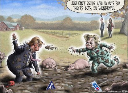Political cartoon U.S. 2016 election mudslinging
