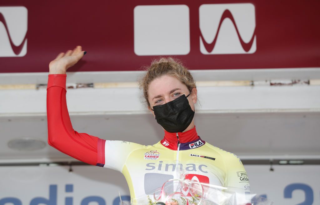 WEERT NETHERLANDS AUGUST 27 Marlen Reusser of Switzerland and Ale Btc Ljubljana Team celebrates winning the yellow leader jersey on the podium ceremony after the 23rd Simac Ladies Tour 2021 Stage 3 a 1259km stage from Stramproy to Weert SLT2021 UCIWWT on August 27 2021 in Weert Netherlands Photo by Bas CzerwinskiGetty Images
