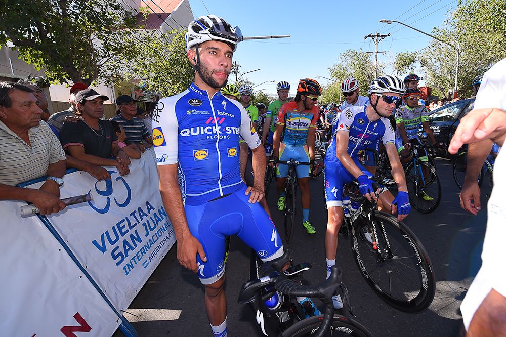 Fernando Gaviria waits for the start of stage 5 at the Vuelta a San Juan