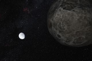 This artist's impression shows the distant dwarf planet Eris in the distance with its moon Dysmonia in the foreground. New observations have shown that Eris is smaller than previously thought and almost exactly the same size as Pluto. Eris is extremely re