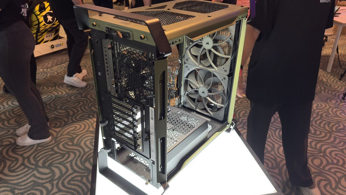 Corsair's new Warthog case with a light over the rear IO panel, at computex 2026.