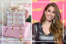 Stacey Solomon says no thanks to gifts illustrated by splt screen of stacey and pile of gifts