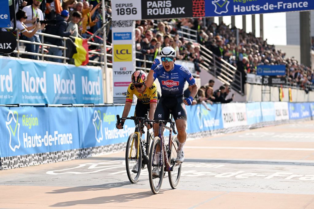 ROUBAIX FRANCE APRIL 09 Jasper Philipsen of Belgium and Team AlpecinDeceuninck celebrates at finish line during the 120th ParisRoubaix 2023 Mens Elite a 2566km one day race from Compigne to Roubaix on UCIWT April 09 2023 in Roubaix France Photo by Tim de WaeleGetty Images