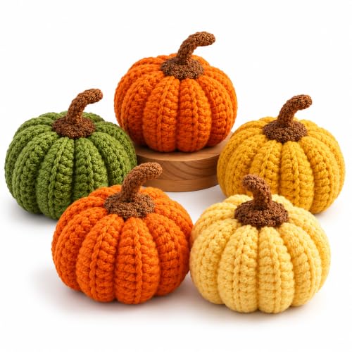 5 Pcs Artificial Mini Knitted Pumpkins, Orange Yellow Green, Pumpkin Decor
