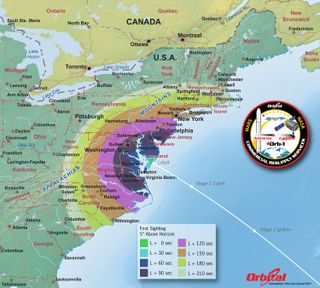 This map shows the rough time at which you can first expect to see Antares after it is launched.
