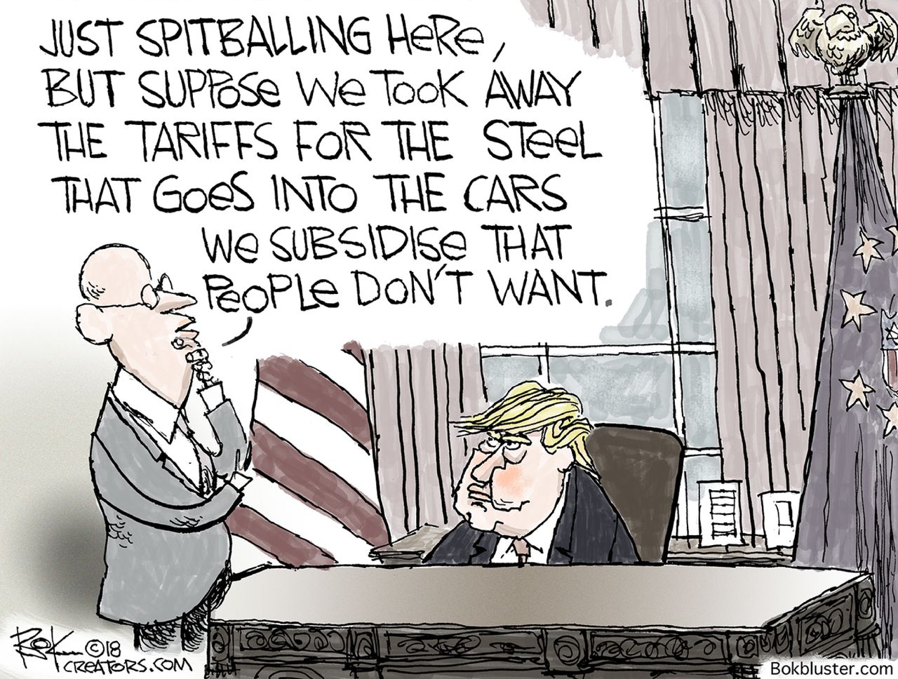 Political cartoon U.S. GM cars steel tariffs subsidize Trump