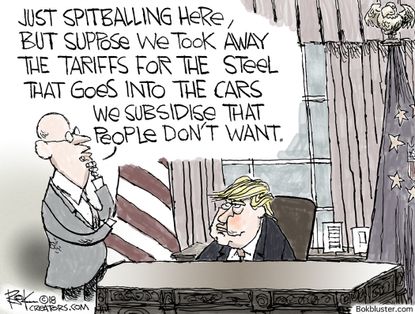 Political cartoon U.S. GM cars steel tariffs subsidize Trump