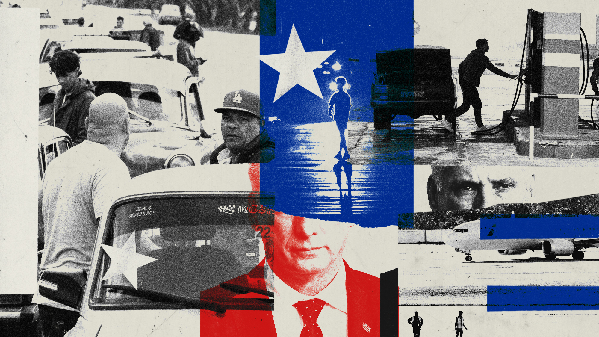 Photo composite illustration of people lining up for fuel, grounded aeroplanes, a blackout and Miguel D&iacute;az-Canel