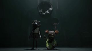 Low and Alone standing in front of pipe with fingers coming out of it in Little Nightmares III video game