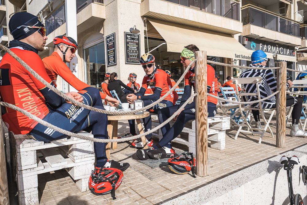 Bahrain-Merida riders take a break from traning Catalunya