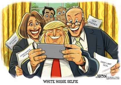 Political cartoon U.S. White House selfie Pelosi Schumer McConnell Trump GOP