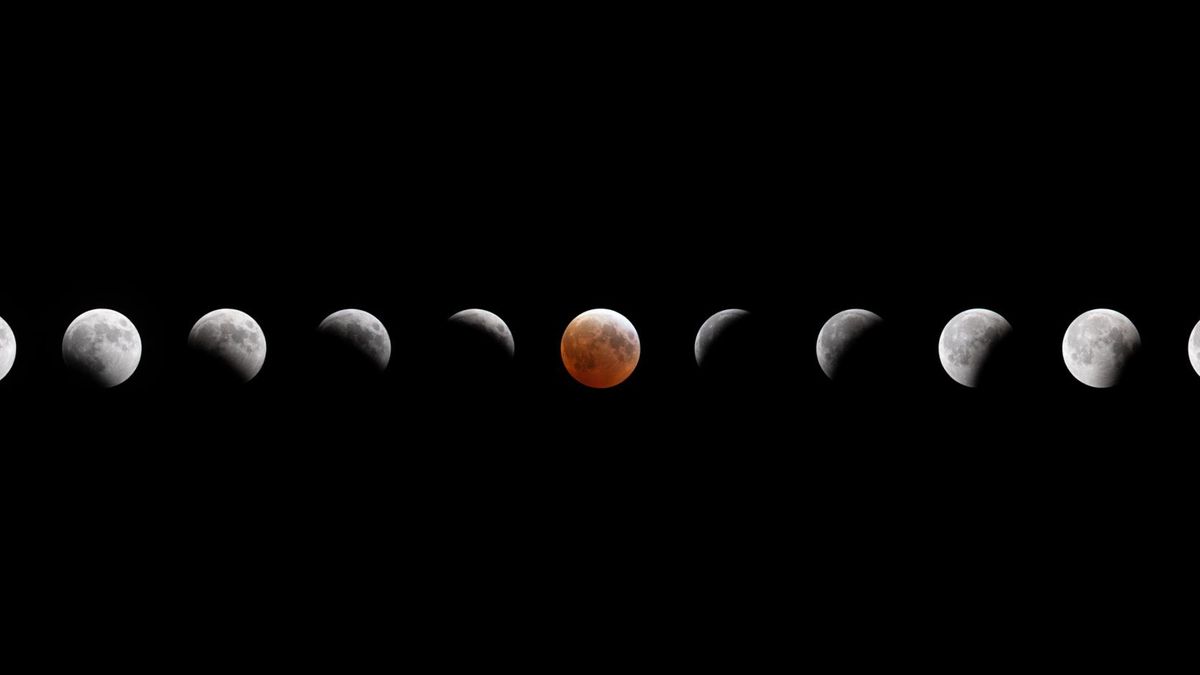 A composite image showing the small gray sphere of the moon across a dark night sky as it reaches various phases of a lunar eclipse.