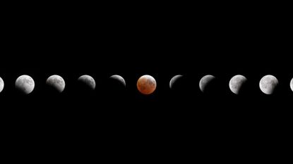 A composite image showing the small gray sphere of the moon across a dark night sky as it reaches various phases of a lunar eclipse. 