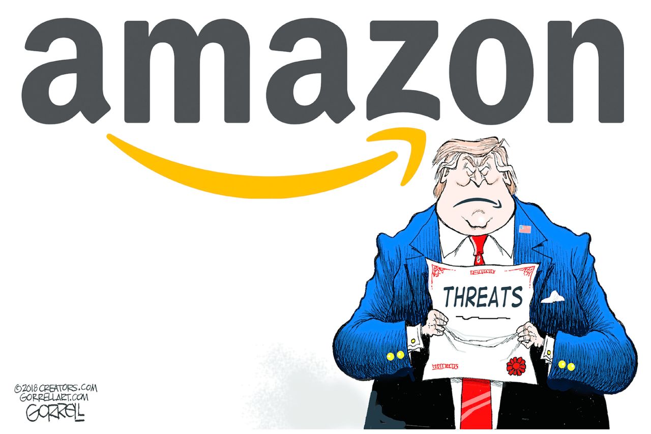 Political cartoon U.S. Trump Amazon threats Jeff Bezos