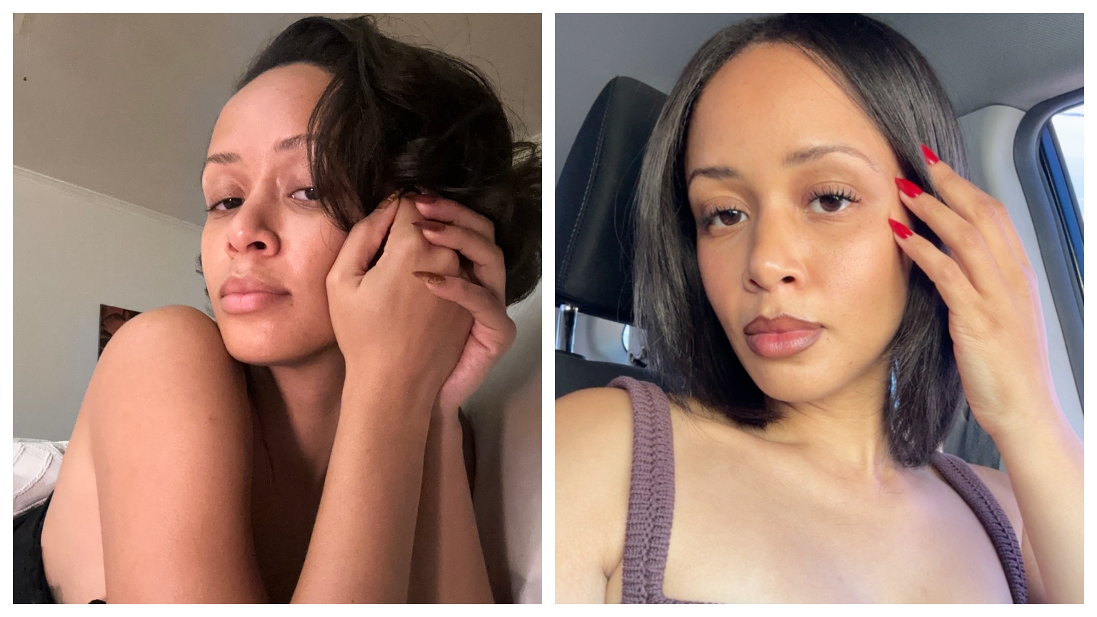 a black woman with glowing skin before and after using the Sulwhasoo eye serum