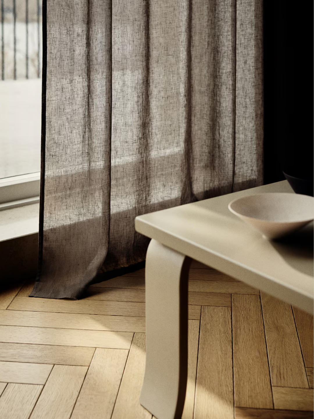 A close-up of a brown sheer linen-blend curtainf rom H&amp;amp;M