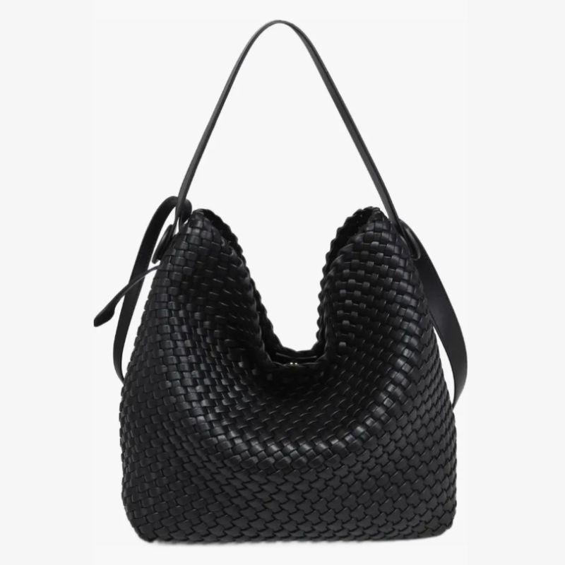 black woven leather tote bag