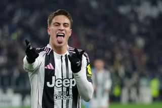 Kenan Yildiz of Juventus celebrates after scoring his team's second goal during the Serie A match between Juventus FC and Cagliari Calcio at Juventus Stadium on November 29, 2025 in Turin, Italy.