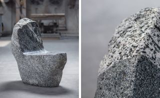 Max Lamb’s ‘Boulders’ collection of stools and chairs with an enlargement of the stone on the right