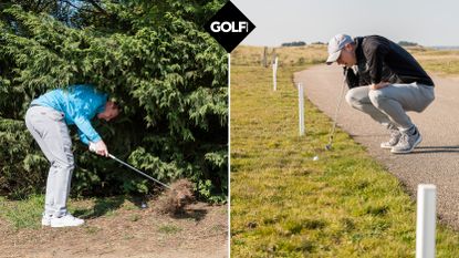 A golfer missing the ball (left); A golfer working out if his ball is in bounds or not (right)