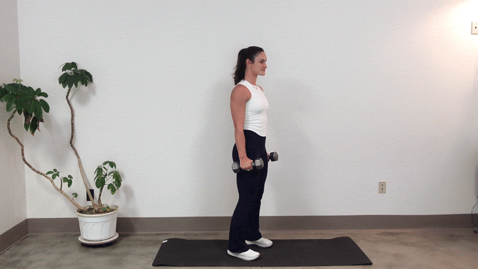 trainer Kirra Mitlo doing dumbbell hammer curls