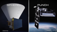 On the left, an animation showing the SPHEREx structure. On the right, the PUNCH structure.