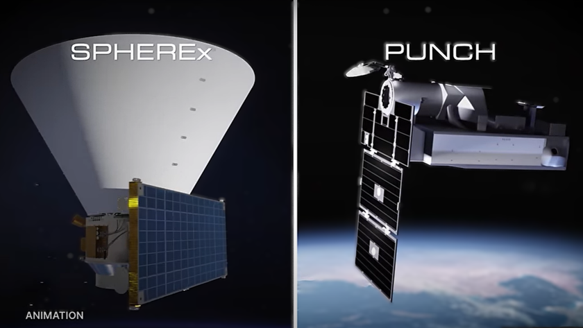 On the left, an animation showing the SPHEREx structure. On the right, the PUNCH structure.