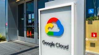 Close up of Google Cloud sign displayed at the entrance to its headquarters in Silicon Valley; South San Francisco bay area