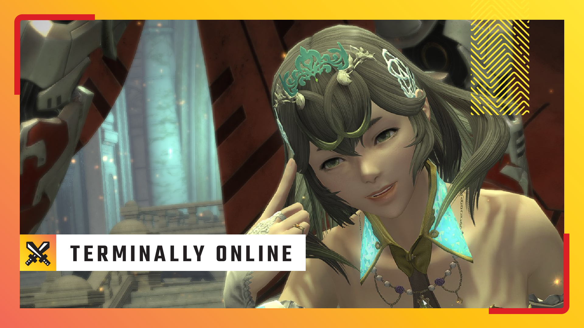 Sphene, smug, taps her forehead in Final Fantasy 14 - the image has an overlay for Terminally Online imposed over it, PC Gamer's MMO column.