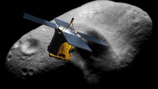 a cube-shaped spacecraft with four solar panels flies near a lumpy grey rock on a black background