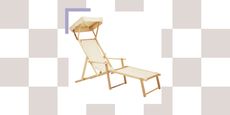 Image of a light wooden and cream canvas outdoor lounge chair with a built-in sun shade.
