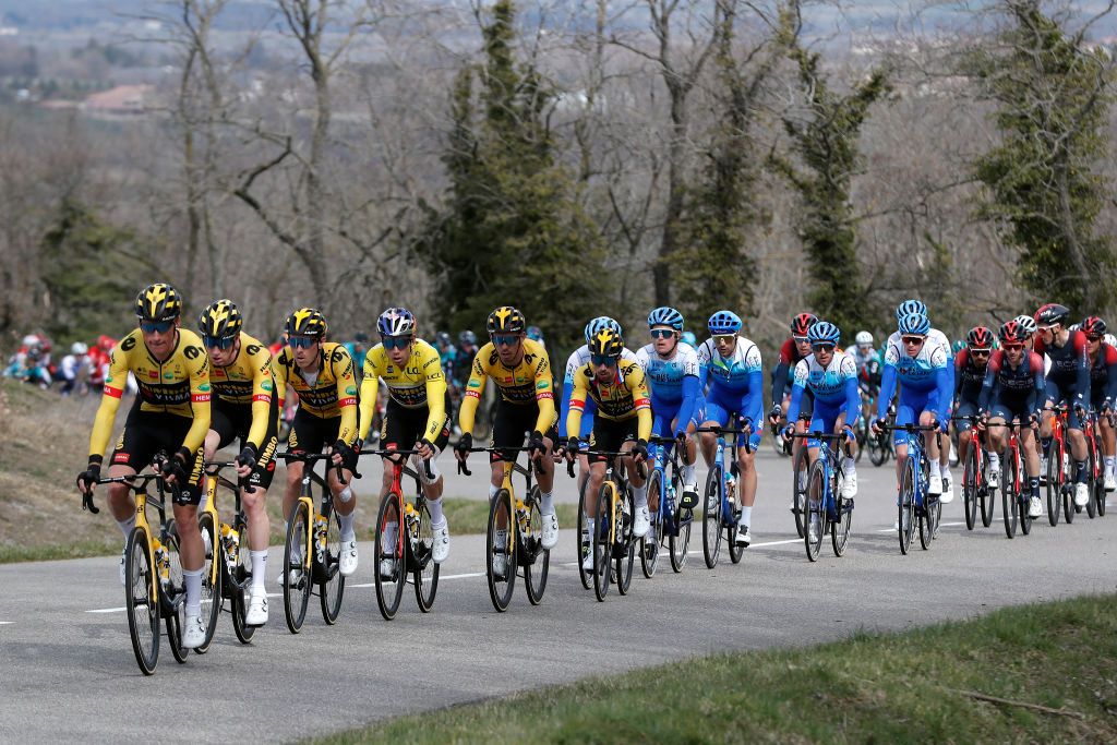 SAINTSAUVEURDEMONTAGUT FRANCE MARCH 10 Primoz Roglic of Slovenia Rohan Dennis of Australia Steven Kruijswijk of Netherlands Christophe Laporte of France Mike Teunissen of Netherlands Wout Van Aert of Belgium Yellow Leader Jersey Nathan Van Hooydonck of Belgium and Team Jumbo Visma lead The Peloton during the 80th Paris Nice 2022 Stage 5 a 189km stage from SaintJustSaintRambert to SaintSauveurdeMontagut on ParisNice WorldTour March 10 2022 in SaintSauveurdeMontagut France Photo by Bas CzerwinskiGetty Images