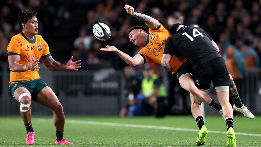 Corey Toole of Australia offloads the ball during the The Rugby Championship &amp; Bledisloe Cup match between New Zealand All Blacks and Australia Wallabies at Eden Park on September 27, 2025 in Auckland, New Zealand. 