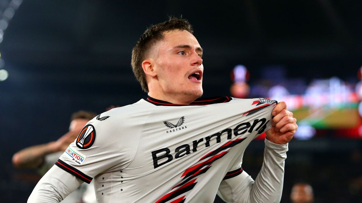 lorian Wirtz of Bayer Leverkusen celebrates scoring his team&#039;s first goal during the UEFA Europa League 2023/24 Semi-Final 