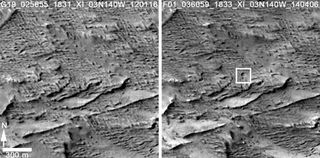 Before-and-after images taken with the Context Camera (CTX) on NASA's Mars Reconnaissance Orbiter show the impact site on Jan. 16, 2012, at left, and on April 6, 2014, at right.
