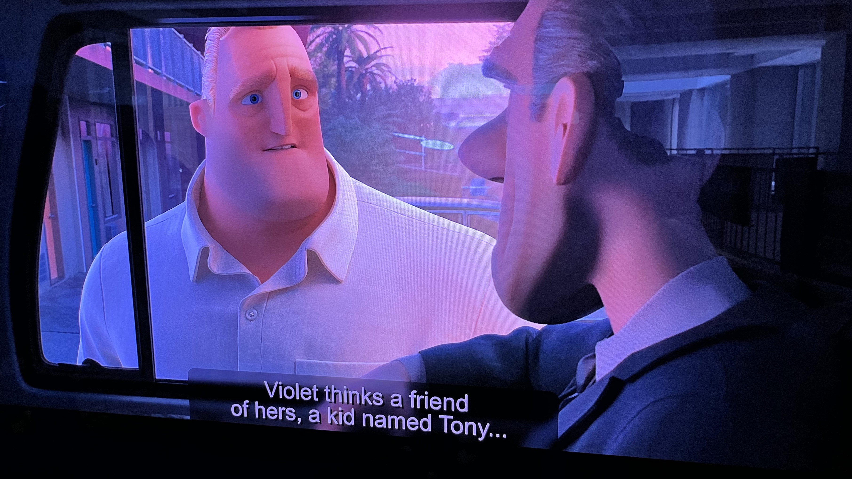 madVR Envy video processor showing modified movie subtitles on TV screen