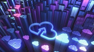 Several neon blue, pink, and purple cloud icons with upload symbols in them