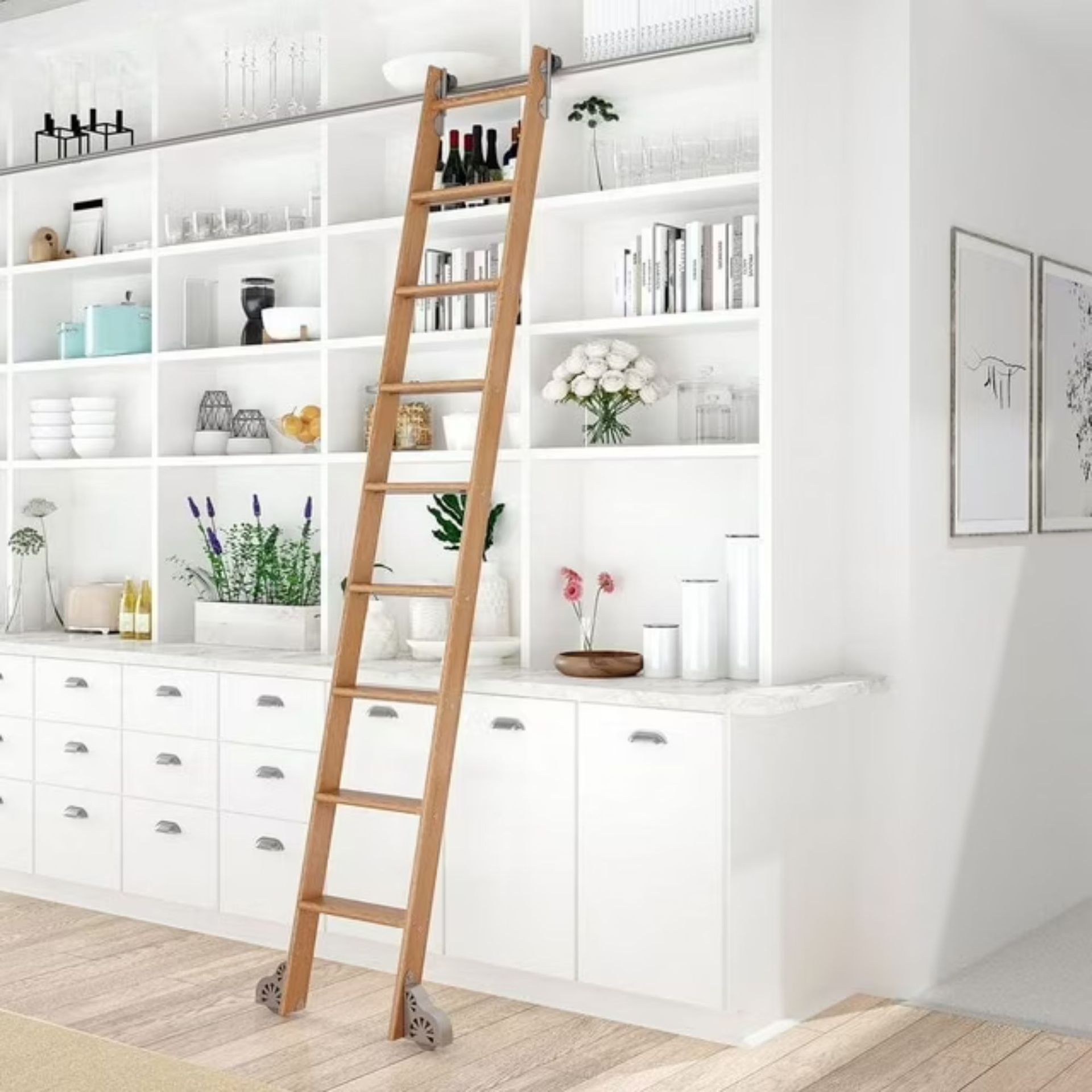 A rolling ladder on an assortment of shelves