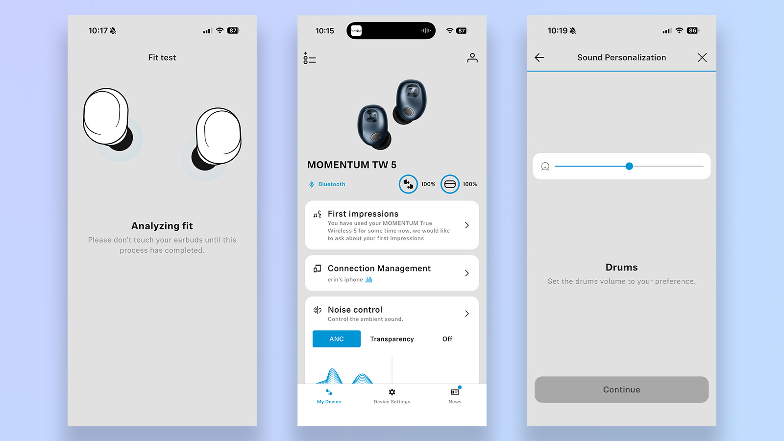 three screenshots from the sennheiser smart control app showing functionality with the sennheiser momentum 5 true wireless earbuds