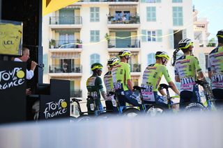 NICE FRANCE JULY 20 LR Biniam Girmay of Eritrea Green Sprint Jersey Hugo Page of France Laurenz Rex of Belgium Mike Teunissen of Netherlands Louis Meintjes of South Africa and Team Intermarche Wanty prior to the 111th Tour de France 2024 Stage 20 a 1328km stage from Nice to Col de la Couillole 1676m UCIWT on July 20 2024 in Nice France Photo by Dario BelingheriGetty Images