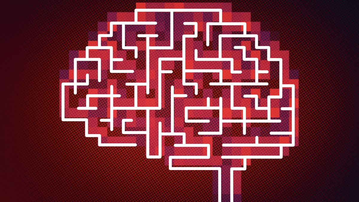 A digital brain coloured in red