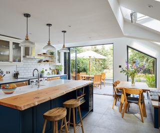 inside of kitchen extension with skylights, large bi-fold doors and picture window