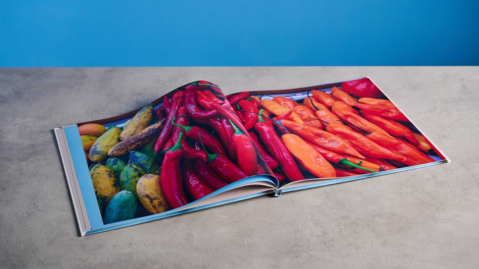 Blurb photo book photographed on a table in front of a blue background