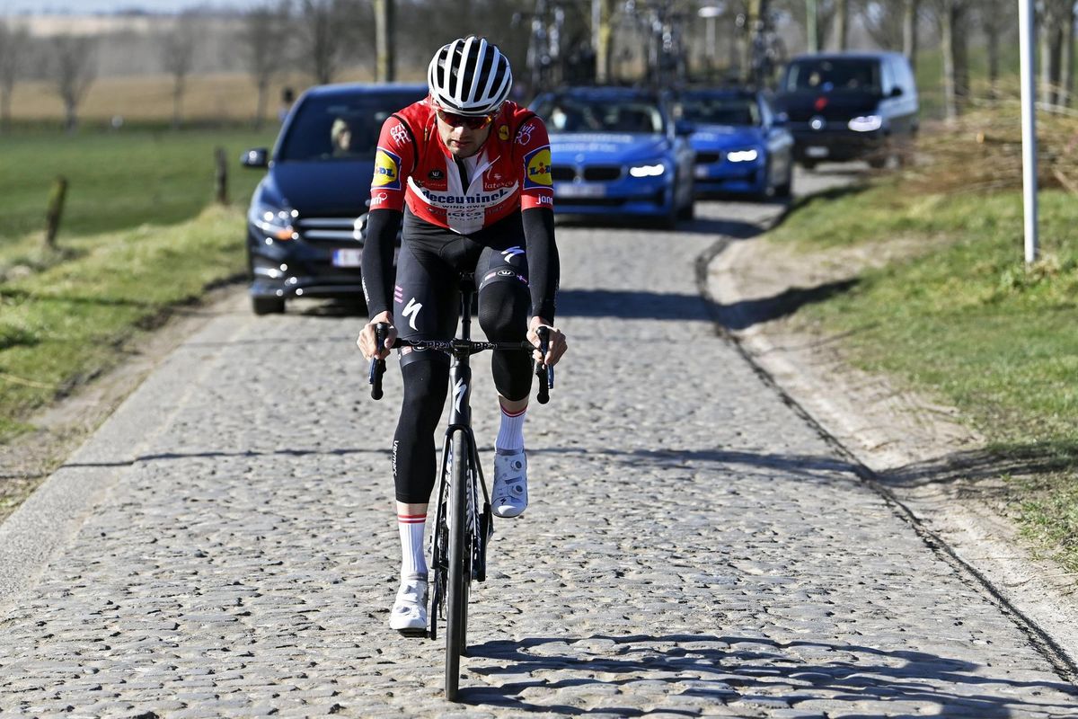 Kasper Asgreen of Deceuninck-QuickStep training on the cobbles in the spring