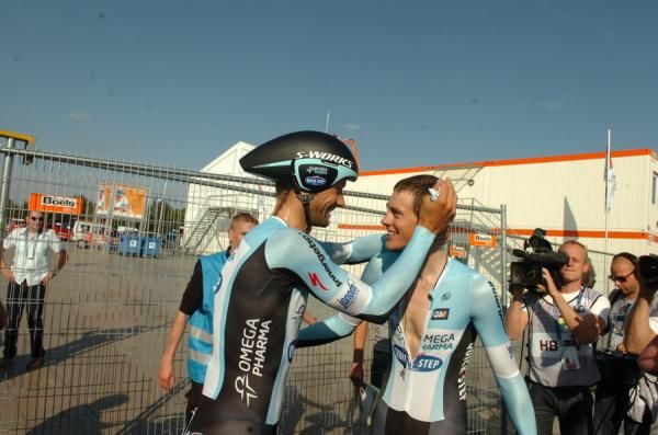 Tom Boonen and Niki Terpstra celebrate the Omega Pharma - QuickStep victory