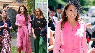 L-Kate Middleton in a pink dress, R-Carole Middleton in the same pink dress