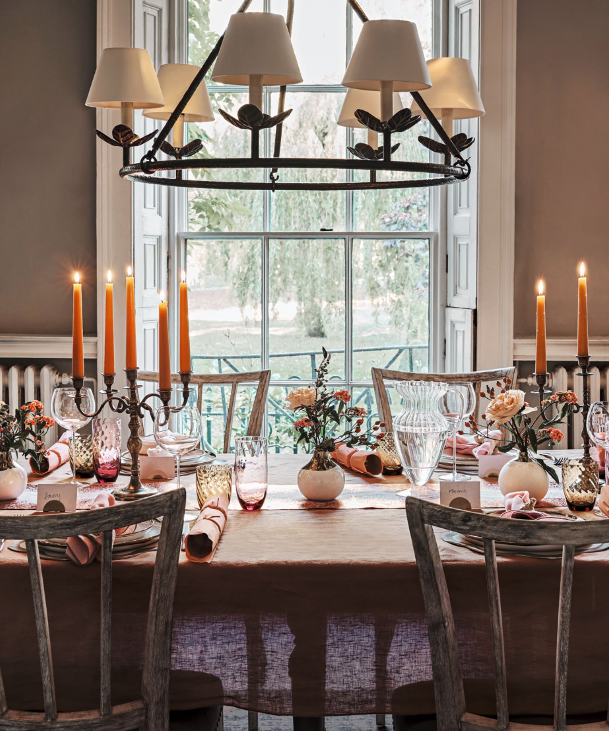 Christmas table setting with pink and yellow theme